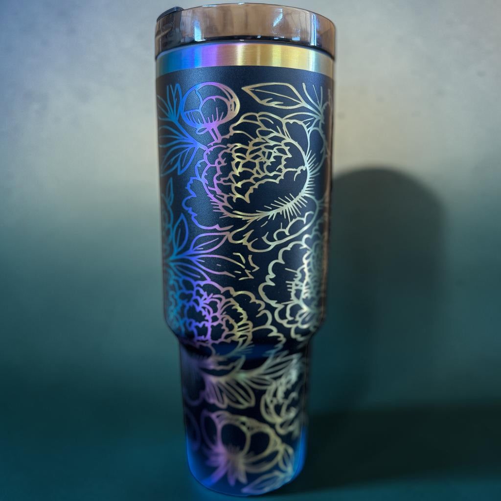 40oz Floral Peonies Rainbow Plated - Black Tumbler