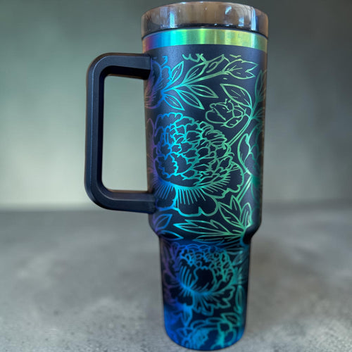 40oz Floral Peonies Rainbow Plated - Black Tumbler