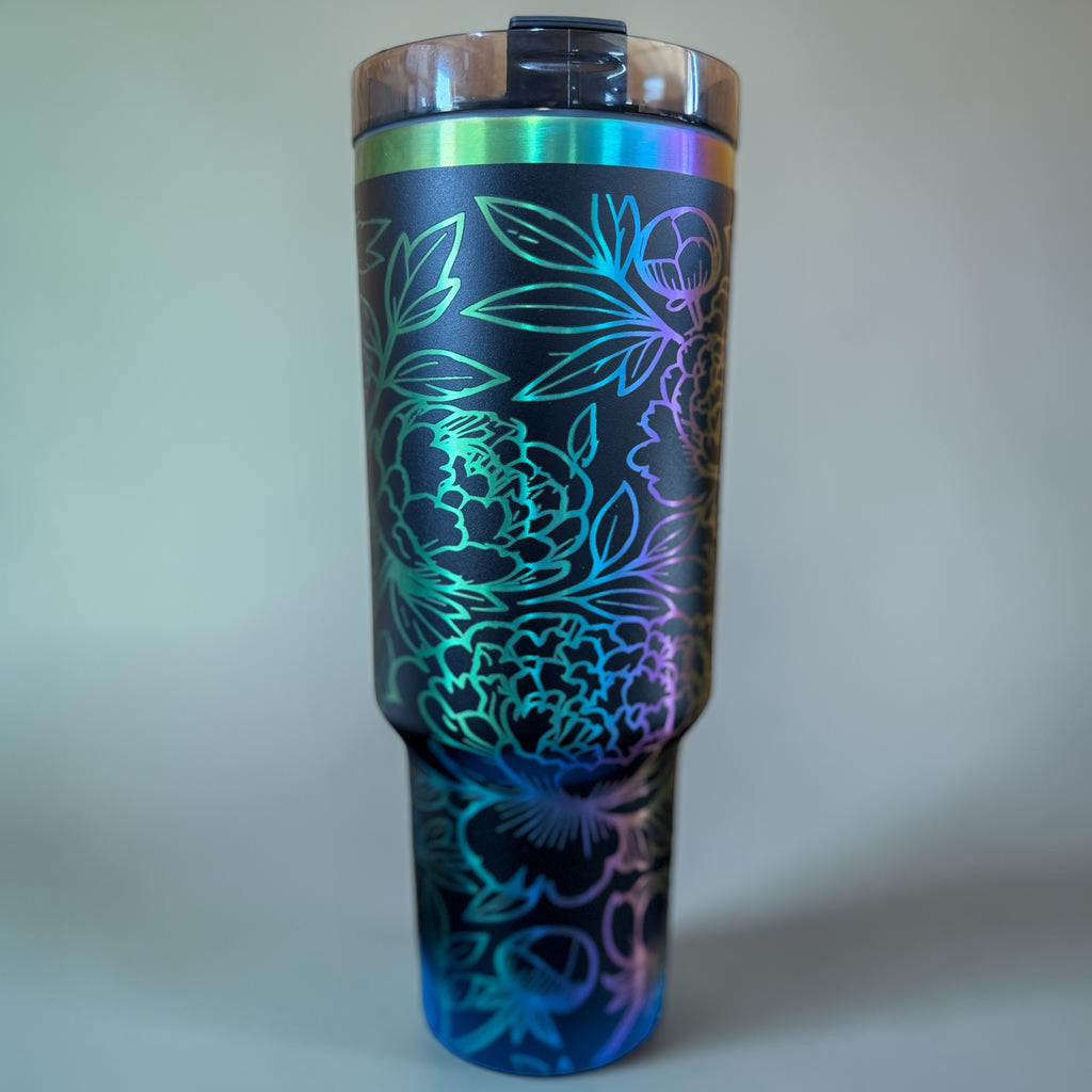 40oz Floral Peonies Rainbow Plated - Black Tumbler